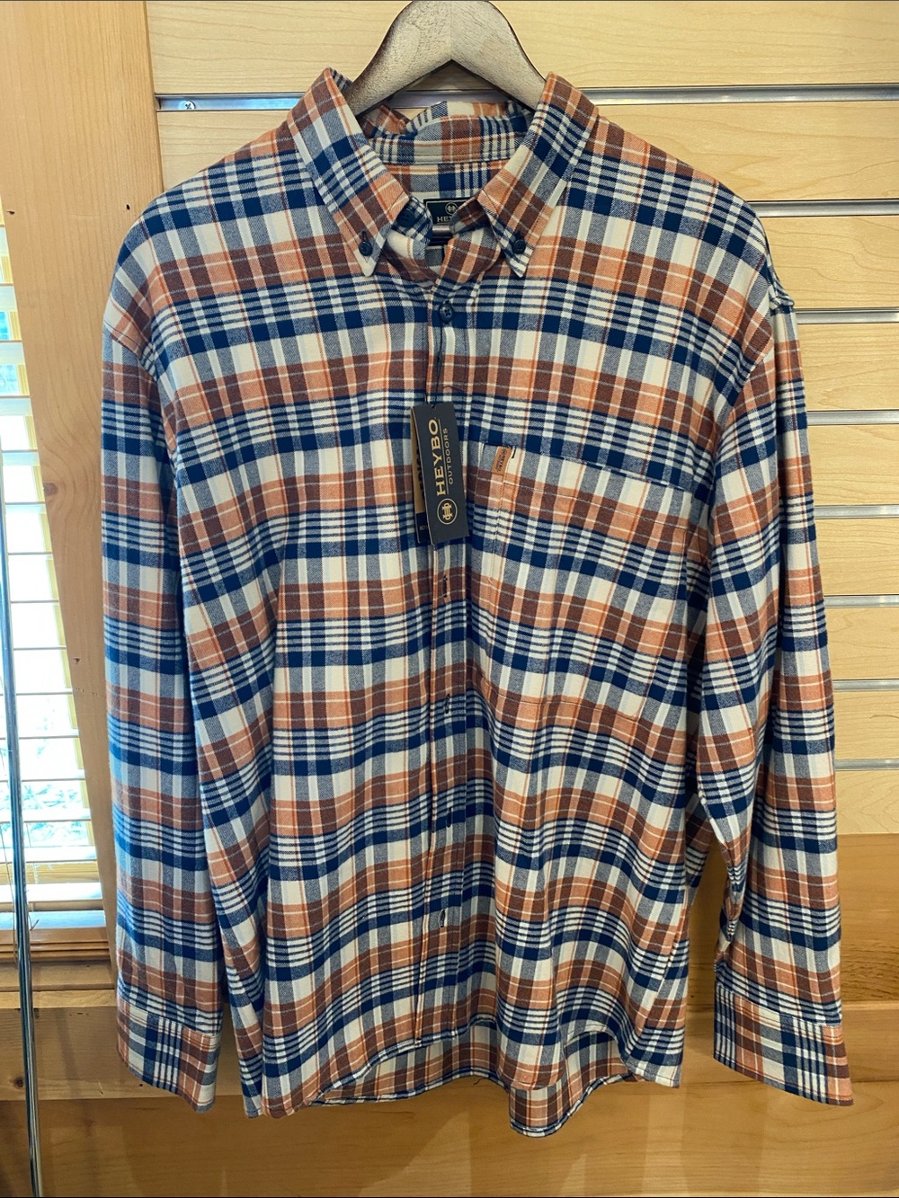 Heybo Men's Long-Sleeve Plaid Button-Down Shirt in Navy & Rust